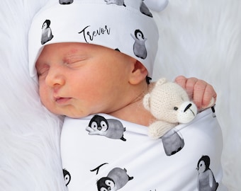 Personalized Penguin Baby Swaddle Blanket Set | Arctic Nursery Decor