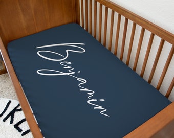 Modern Navy and white simple name monogram baby crib sheet | Monochrome Nautical Nursery | Personalized Jersey Crib Sheet