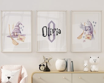 Personalized Wizard School Nursery Art Print | Watercolor Owl Name Art