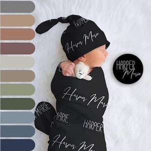 Personalized Black nursery swaddle blanket set with name | baby gift | Baby hat & headband | minky blanket | Neutrals Collection