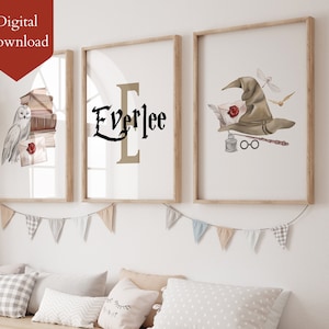 Imprimible personalizado Wizard School Nursery Art Print / Decoración mágica personalizada para niños / Regalo para bebés / Wizard School Baby Nursery Impresión de 3 piezas