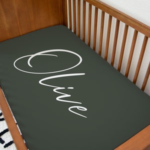 Modern Olive Green and white simple name monogram baby crib sheet | Dark Green Nursery | Personalized Jersey Crib Sheet