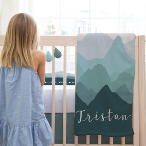 Personalized mountain nursery baby blanket with name in teal and grey | baby shower gift | Baby bedding set | Swaddle blanket | crib sheet