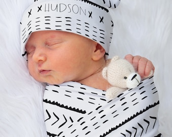 Personalized Mudcloth Baby Swaddle Blanket, Minky Blankie, Crib Sheet
