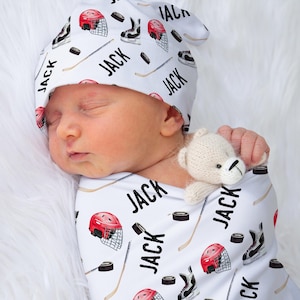 Hockey personalized jersey swaddle blanket, baby bedding set, crib sheet, baby blanket | Ice Hockey, stick, puck | boy baby gift