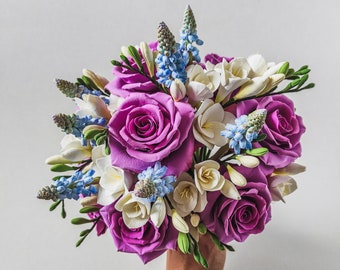 Rose Freesia Bouquet - Luxury Artificial Wedding Bouquet - Bridal Bouquet - Handmade Clay Flowers - Blue Muscari Bouquet - Pink Rose Bouquet