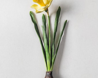 Handmade Clay Daffodil Sculpture | Wild Daffodil With Bulb and Roots | Botanical Home Decor