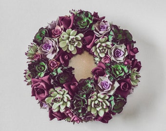 Purple Autumn Wreath – Artificial Succulent Wreath - Luxury Realistic Succulent Wreath – Hand Sculpted Clay Wreath - Purple Rose Wreath