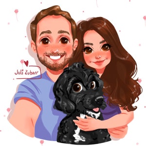 Ritratto di cartone animato, ritratto di matrimonio, regalo di anniversario dipinto personalizzato, ritratto di famiglia con animale domestico, ritratto personalizzato, regalo di San Valentino