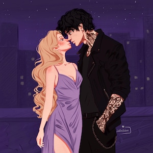 May include: A digital illustration of two figures standing close together at night. One figure has long wavy blonde hair and wears a lavender slip dress. The other figure has dark hair, a black leather jacket, and visible arm and neck tattoos.