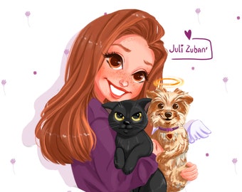 Custom Portrait, Cartoon couple portrait, Family Portrait with pet,cat portrait, Dog portrait, custom painting from photo, Christmas portrai