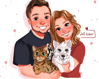 Cartoon portrait, wedding portrait, personalized painting gift anniversary,Family portrait with pet, custom portrait, stylized portrait