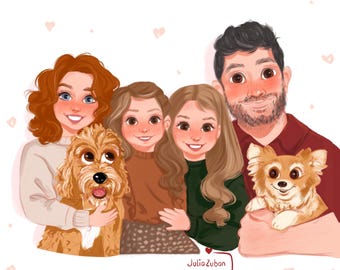 Custom Cartoon Pet Portrait, Family Illustration (Digital File)