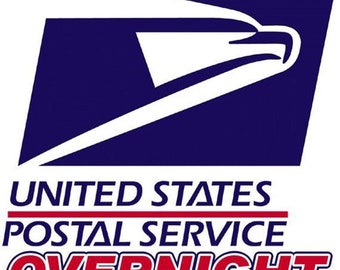 May include: A blue and white United States Postal Service logo with the text "OVERNIGHT" in red.