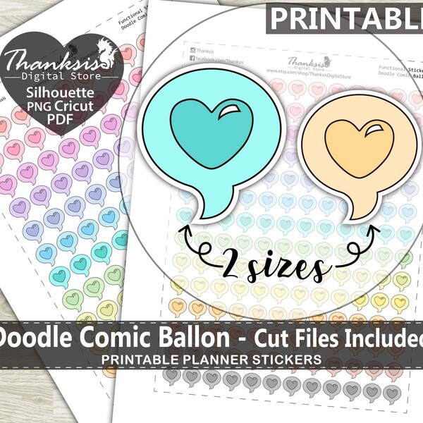 Doodle Comic Ballon Printable Planner Stickers, Erin Condren Planner Stickers, Doodle Printable Stickers - Cut Files