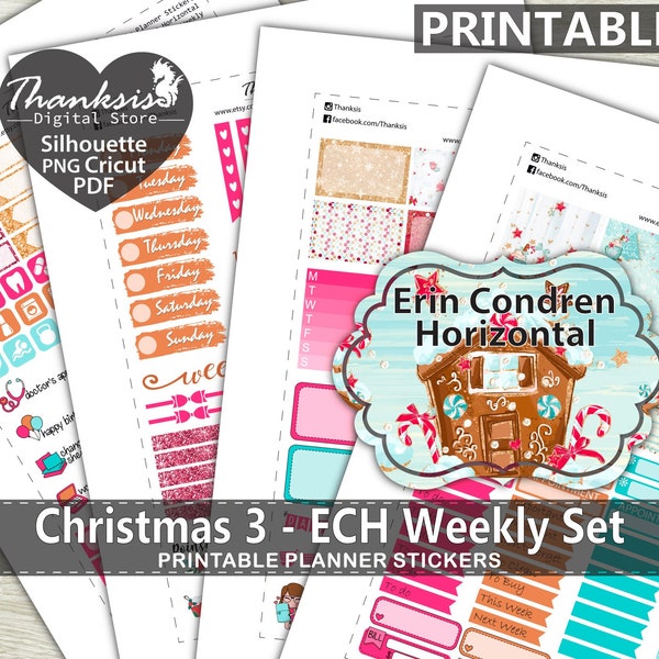 Christmas Printable Planner Stickers, Erin Condren Planner Stickers, ECLP Horizontal Printable Stickers, Weekly Set - Cut Files
