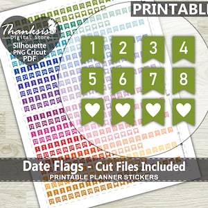 Date Flags Printable Planner Stickers, Erin Condren Planner Stickers, Date Flags Printable Stickers - Cut Files