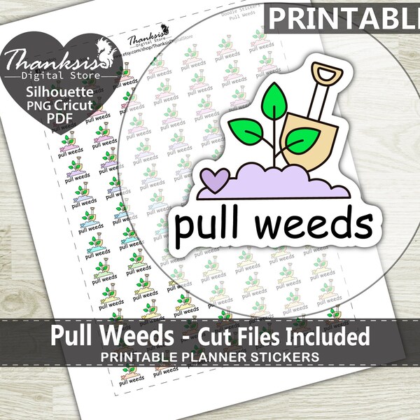 Doodle Pull Weeds Printable Planner Stickers, Erin Condren Planner Stickers, Doodle Printable Stickers - Cut Files