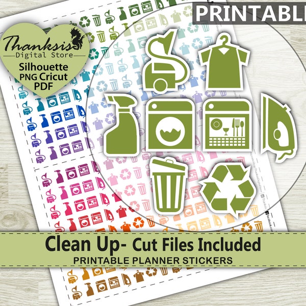Clean Up Icons Printable Planner Stickers, Erin Condren Planner Stickers, Clean Up Icons Printable Stickers - Cut Files