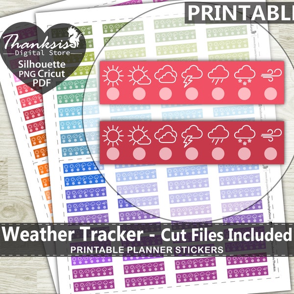 Weather Tracker Printable Planner Stickers, Erin Condren Planner Stickers, Weather Printable Stickers - Cut Files