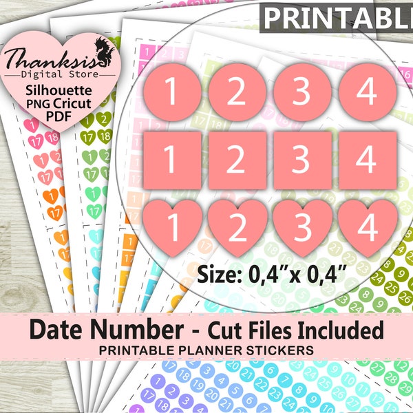 Date Number Printable Planner Stickers, Erin Condren Planner Stickers, Date Number Printable Stickers - Cut Files