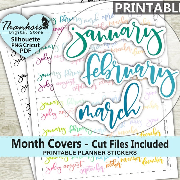 Month Cover Printable Planner Stickers, Erin Condren Planner Stickers, Month Cover Printable Stickers - Cut Files