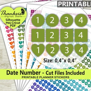 Date Number Printable Planner Stickers, Erin Condren Planner Stickers, Date Number Printable Stickers - Cut Files