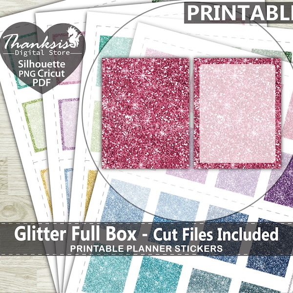 Glitter Full Box Printable Planner Stickers, Erin Condren Planner Stickers, Full Box Printable Stickers - Cut Files