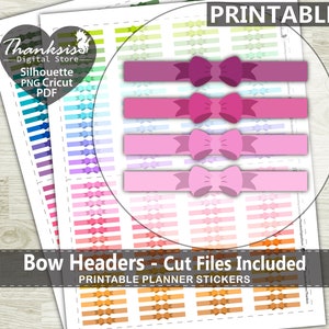 Bow Headers Printable Planner Stickers, Erin Condren Planner Stickers, Headers Printable Stickers - Cut Files