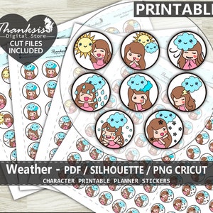 Weather Printable Planner Stickers, Character Printable Sticker, Bullet Journal, Coloring Stickers - CUT FILES