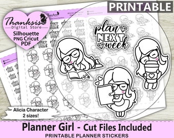 Planner Girl Printable Planner Stickers, Zeichen Druckbare Sticker, Bullet Journal, Ausmalsticker - CUT FILES