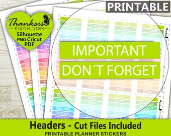 Headers Printable Planner Stickers, Erin Condren Planner Stickers, Headers Printable Stickers - Cut Files