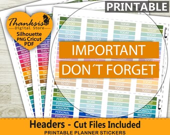 Headers Printable Planner Stickers, Erin Condren Planner Stickers, Headers Printable Stickers - Cut Files