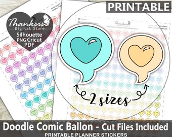Doodle Comic Ballon Printable Planner Stickers, Erin Condren Planner Stickers, Doodle Printable Stickers - Cut Files