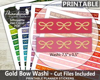 Gold Bow Washi Printable Planner Stickers, Erin Condren Planner Stickers, Washi Printable Stickers - Cut Files