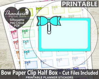 Bow Paper Clip Half Box Printable Planner Stickers, Erin Condren Planner Stickers, Half Box Printable Stickers - Cut Files
