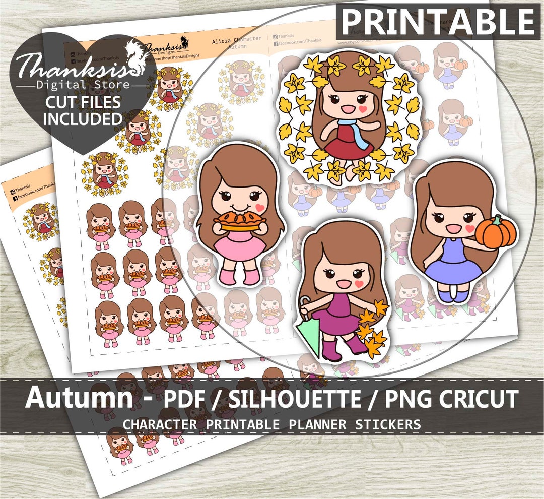 Autumn Printable Planner Stickers, Character Printable Sticker, Bullet ...