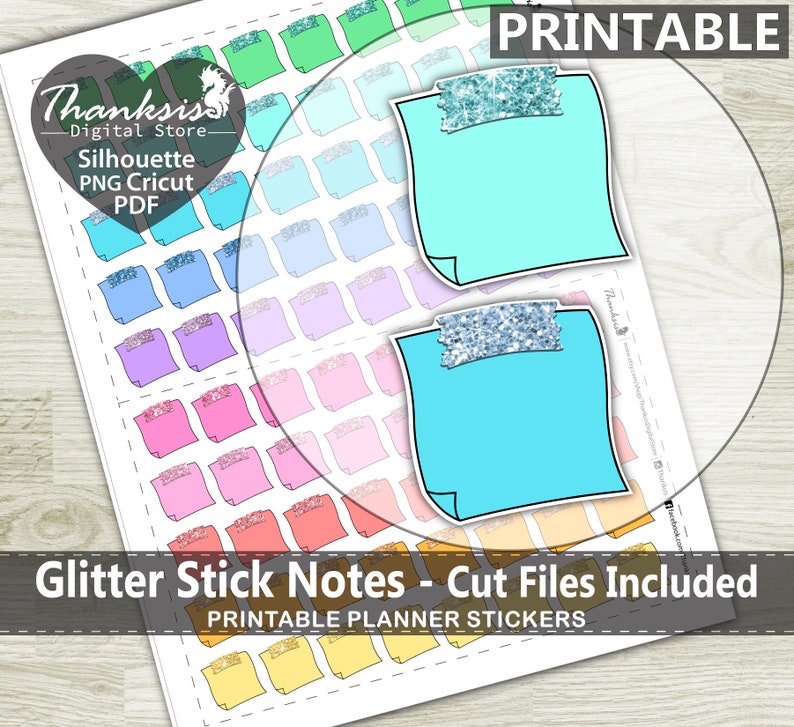 Glitter Stick Notes Printable Planner Stickers, Erin Condren Planner Stickers, Stick Notes Printable Stickers Cut Files image 1