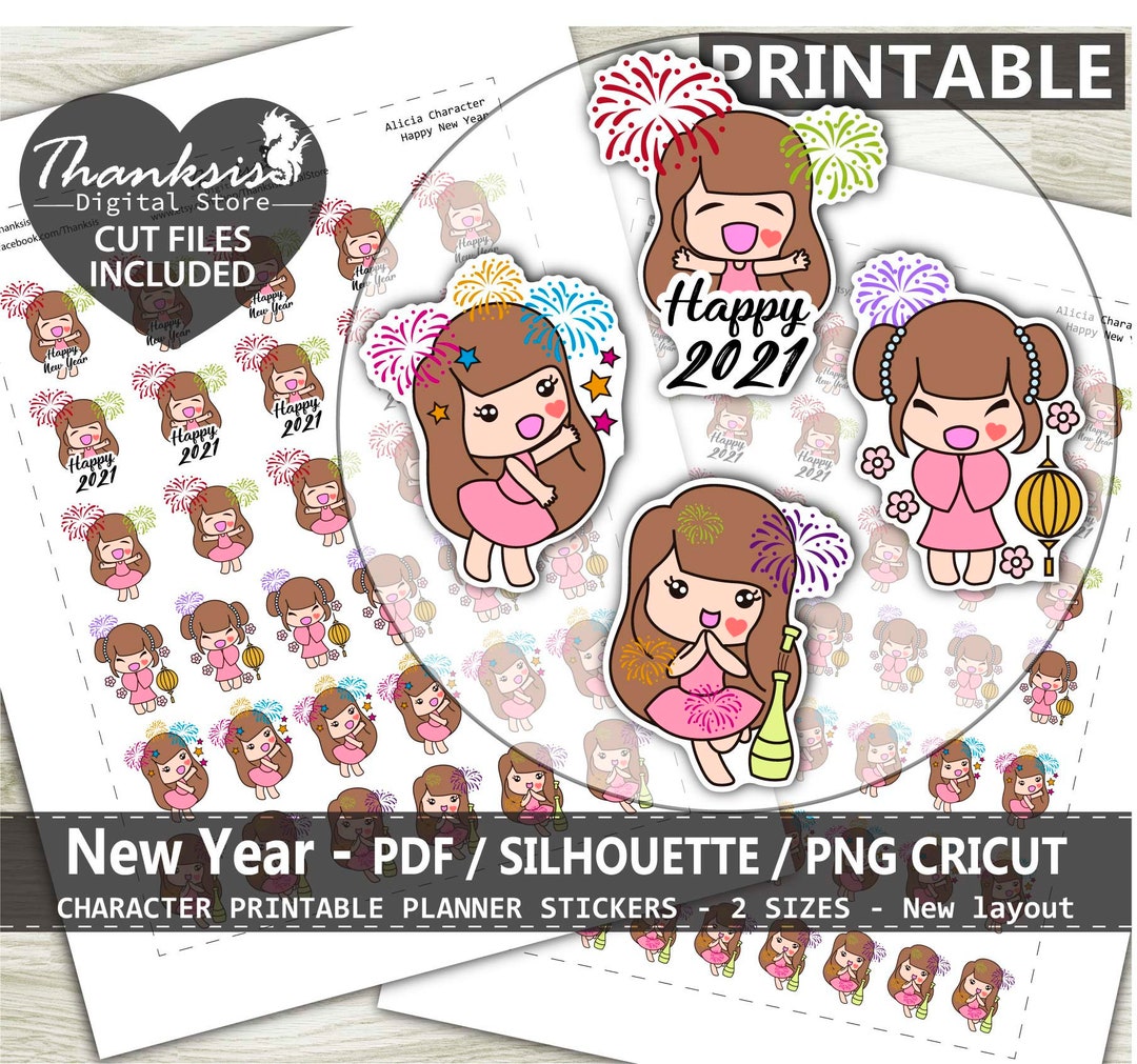 Happy New Year Printable Planner Stickers, Character Printable Sticker ...