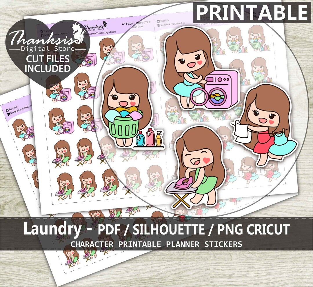 Laundry Printable Planner Stickers, Character Printable Sticker, Bullet ...