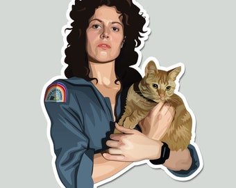 May include: A woman with dark brown hair is holding a ginger cat in her arms. She is wearing a blue jumpsuit with a patch that says "USCSS Nostromo" with a rainbow graphic.