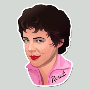 May include: A digital illustration of a woman with short, dark brown hair wearing a pink jacket with the word "Resist" embroidered on the front.