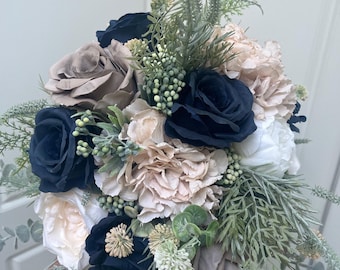 Taupe and navy bouquet.  With Ivory, navy, blush rose hydrangea, peony, fern, eucalyptus. Brides artificial bouquet.  bridesmaid posy