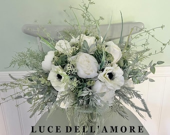 Black Ivory and sage bouquet with peonies anenome roses eucalyptus. Brides artificial wedding flowers.  Bridesmaids posy black and white