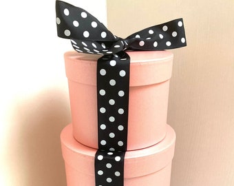 Set of 3 pink hat boxes with black and white spotty satin ribbon