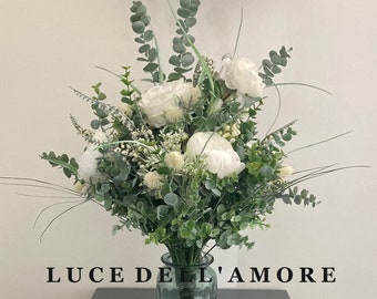 Large Ivory Peony, Eucalyptus and Thistle Handmade Silk Faux Flower Arrangement