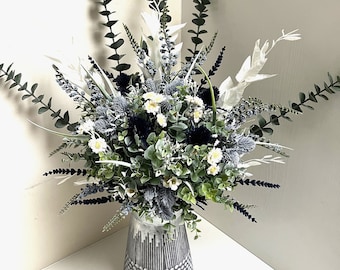 Large navy thistle and blue salvia bouquet.  Faux flower handtied arrangement.