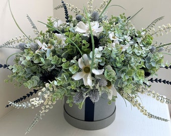 Navy Thistle Faux Flower Arrangement in Hat Box