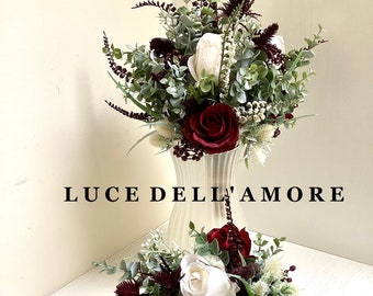 Luxury medium bridesmaid burgundy and ivory rose bouquet, with salvia, thistles, berries and eucalyptus