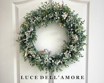 Luxury Eucalyptus White and Gold Berry Christmas Lit Wreath (Handmade to order)